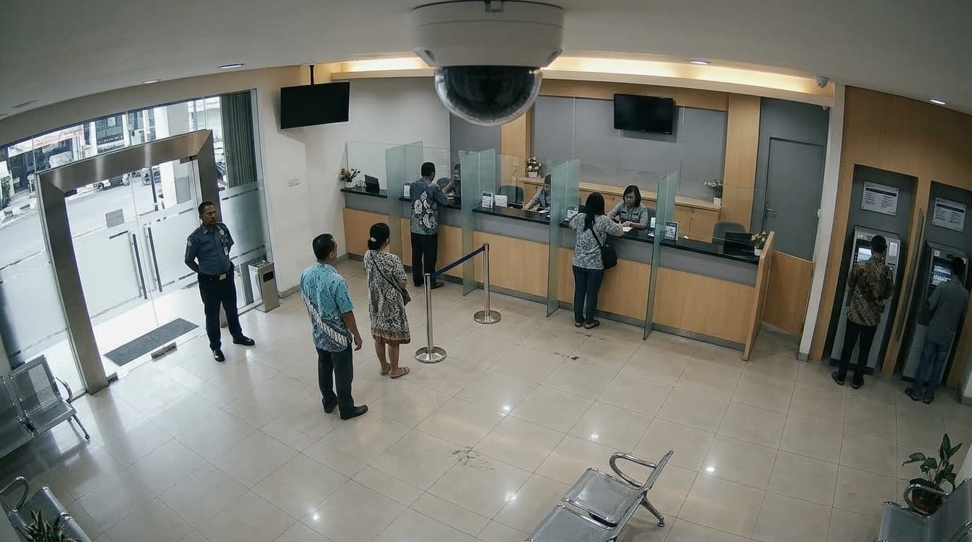 Bank branch lobby with teller counters seen from a security camera