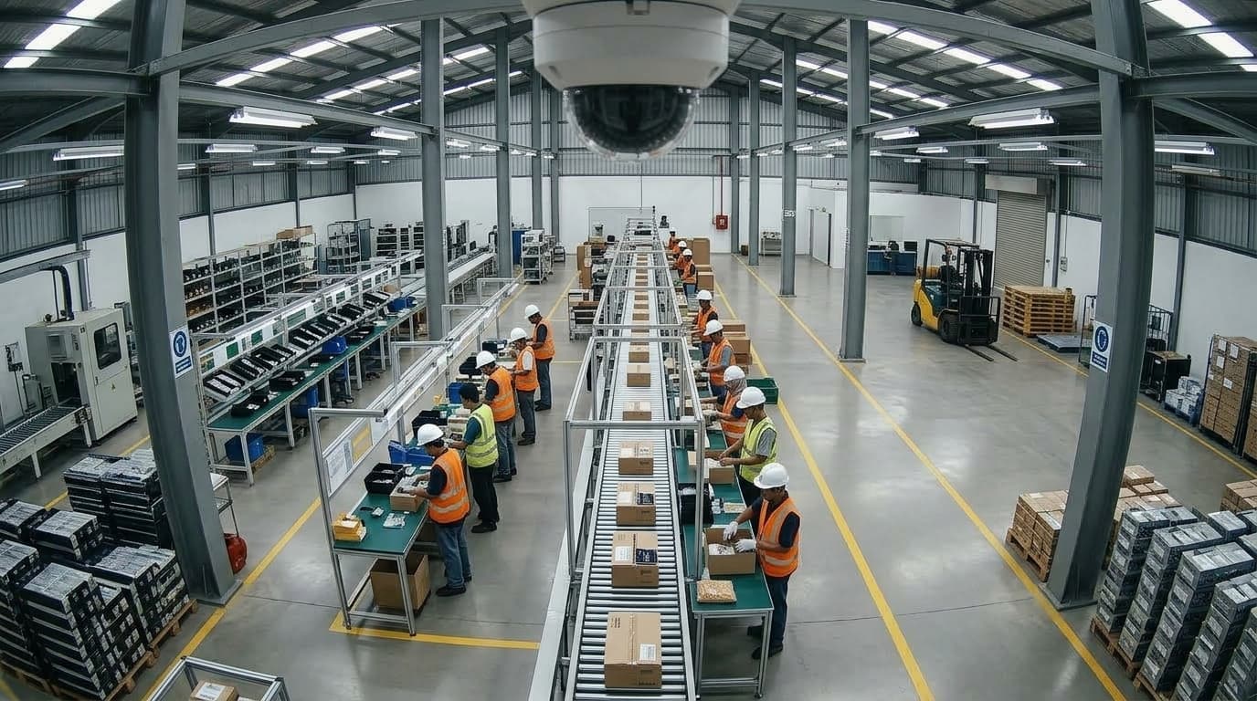 Production line workers in a factory hall seen from a high security camera