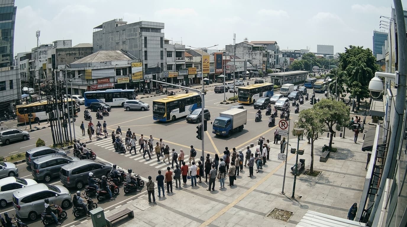 City intersection with traffic and pedestrians seen from a pole-mounted camera
